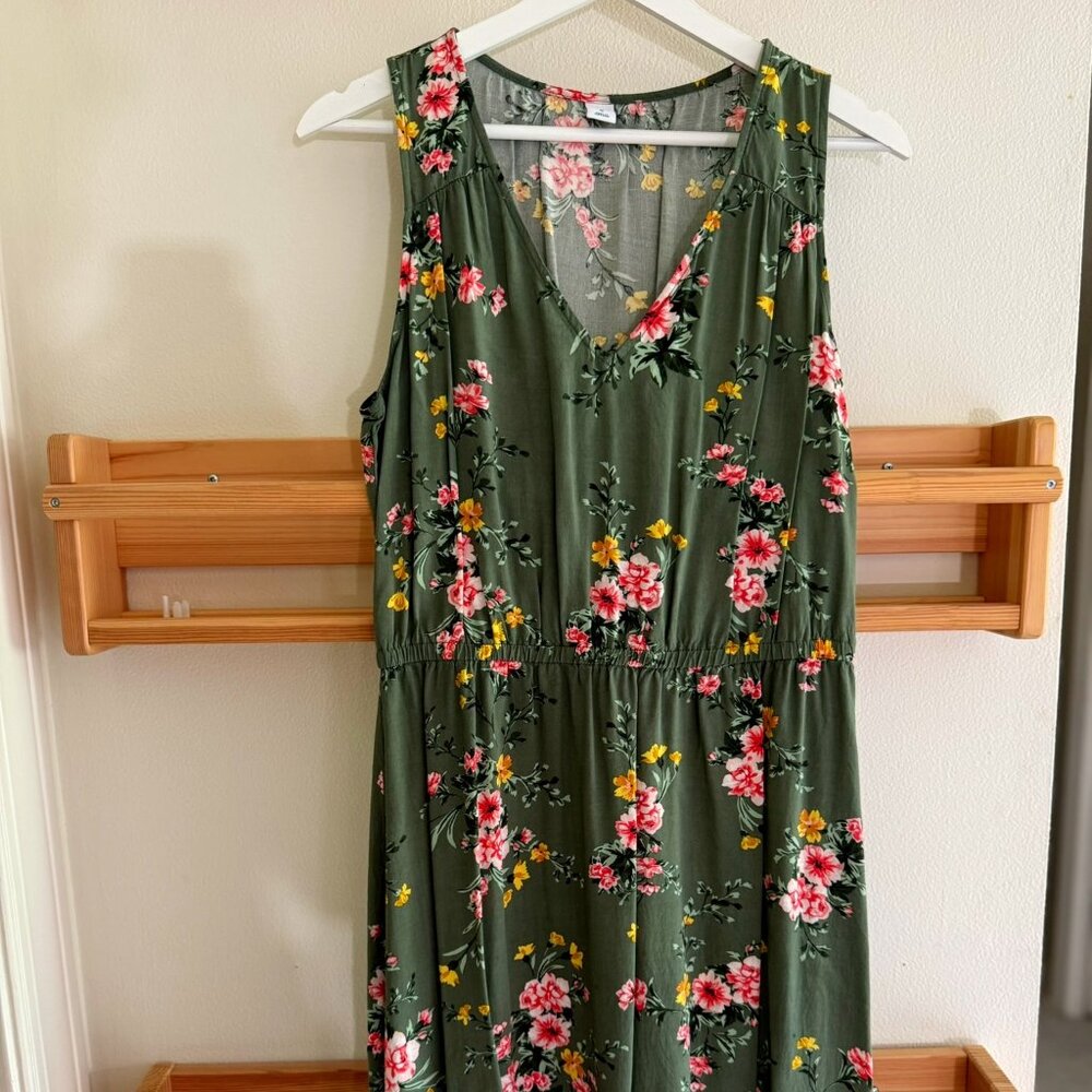 Old Navy Olive Green Floral Midi Dress with Pink & Yellow Flowers